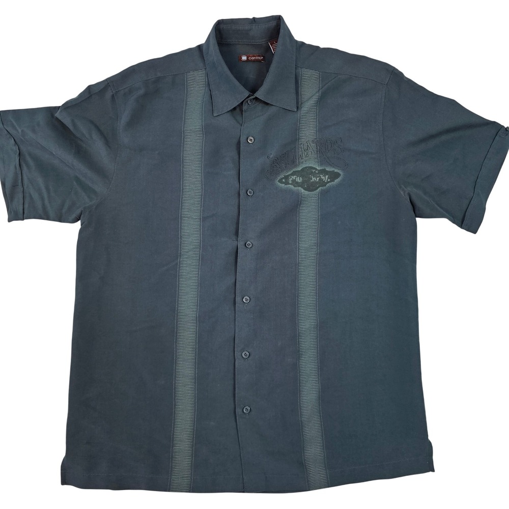 Centro‎ Mens Large Short Sleeve Button Down Shirt Charcoal Grey Graphic Textured
